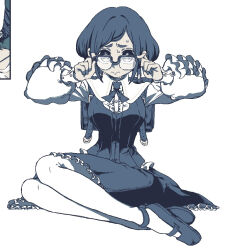1girl blue_hair blue_theme bonnou_(kisikaisei) breasts center_frills collared_shirt commentary_request frilled_shirt frilled_sleeves frills fukurai_azami full_body furrowed_brow glasses hands_on_eyewear hands_up long_sleeves looking_at_viewer monochrome nervous nervous_sweating pantyhose puffy_long_sleeves puffy_sleeves shirt shoes short_hair simple_background sitting skirt solo sweat sweatdrop toshi_densetsu_kaitai_center white_background