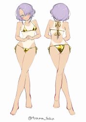 1girl absurdres alternate_costume ass back bare_arms bare_legs bare_shoulders barefoot bikini blush breasts breasts_apart cafe_stella_to_shinigami_no_chou closed_mouth commentary dark-skinned_female dark_skin eyes_visible_through_hair full_body furrowed_brow gold_bikini green_eyes hair_over_one_eye halterneck highres hiuchidani_mei looking_at_viewer medium_breasts multiple_views navel own_hands_together purple_hair short_hair_with_long_locks side-tie_bikini_bottom simple_background sketch smile standing swimsuit tan tanline twitter_username tyama_taka white_background
