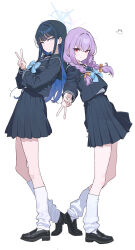 2girls absurdres atsuko_(blue_archive) black_hair black_sailor_collar black_serafuku black_shoes black_skirt blue_archive blue_bow blue_hair blue_halo bow braid colored_inner_hair commentary full_body grey_eyes hair_intakes halo highres layered_shirt leaning_on_person loafers long_hair loose_socks multicolored_hair multiple_girls pleated_skirt purple_hair purple_halo red_eyes sailor_collar saori_(blue_archive) school_uniform serafuku shirt shoes sidelocks signallerc skirt smile socks standing swept_bangs twin_braids twintails v white_shirt