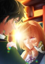 1boy 1girl black_hair black_shirt brown_hair cloak closed_mouth commentary_request couple dawn green_cloak green_eyes hair_between_eyes hetero highres iwatani_naofumi japanese_clothes kimono long_hair messy_hair orange_sky outdoors pn_luster raphtalia red_eyes shirt short_hair sky smile tate_no_yuusha_no_nariagari torii upper_body white_kimono white_kosode white_shirt