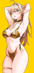1girl ahoge armpits arms_behind_back bikini black_collar blonde_hair blue_eyes blush breasts cleavage collar elf eyebrows_hidden_by_hair gold_bikini hair_between_eyes highleg highleg_bikini highres large_breasts lips long_hair looking_at_viewer mole mole_under_mouth navel open_mouth original oro_(aaaoro) pointy_ears simple_background solo stomach swimsuit thigh_strap yellow_eyes