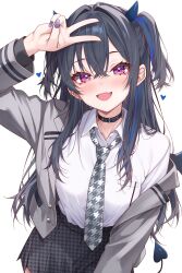 Rule 34 | 1girl, :d, absurdres, amaki daisuke, black collar, black hair, black skirt, blue horns, collar, collared shirt, demon tail, fingernails, grey jacket, grey necktie, highres, horns, ichinose uruha, jacket, looking at viewer, nail polish, necktie, open mouth, purple eyes, purple nails, shirt, simple background, skirt, smile, solo, tail, two side up, v, virtual youtuber, vspo!, white background, white shirt