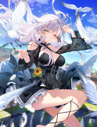 Rule 34 | 1girl, anceril sacred, bird, black dress, blue sky, breasts, clothing cutout, day, dress, feathers, flower, green eyes, hair ornament, highres, long hair, medium breasts, mishima kurone, one eye closed, shirokami project, shoulder cutout, sky, smile, solo, sunflower, teeth, white bird, white hair