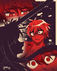 Rule 34 | 1boy, 1girl, absurdres, akaiguarts, artist name, blood, chainsaw man, denji (chainsaw man), hashtag-only commentary, highres, impaled, long hair, multiple views, open mouth, ringed eyes, sharp teeth, short hair, silhouette, spoilers, sweat, teeth, yoru (chainsaw man)