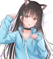 1girl animal_ear_fluff animal_ears black_choker black_hair blue_jacket blush brown_eyes cat_ears choker collarbone hair_between_eyes hair_ornament hairclip jacket kutatsu_(kutatsu7) long_hair long_sleeves looking_at_viewer mole mole_under_eye open_mouth original partially_unzipped solo upper_body yuki_(kutatsu)