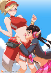 2girls artist_name blonde_hair blue_eyes blush bra braid breasts brown_eyes brown_hair clothes_around_waist cloud d.va_(overwatch) facial_mark female_focus glasses headphones licking licking_navel lifeguard mercy_(overwatch) multiple_girls navel navellunatic overwatch overwatch_1 patreon_username school_uniform sky sports_bikini surprised sweatdrop sweater sweater_around_waist tongue tongue_out twin_braids underwear visor_cap yuri