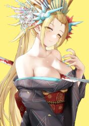 1girl absurdres bare_shoulders black_kimono bleeding blonde_hair blood bloody_weapon blush breasts cleavage crown hair_ornament highres japanese_clothes kimono kiss-shot_acerola-orion_heart-under-blade large_breasts looking_at_viewer monogatari_(series) nail_polish obi oshin0_(zheng) oshino_shinobu print_kimono sash solo stab sword weapon wide_sleeves yellow_background yellow_eyes