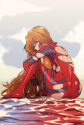 Rule 34 | 1girl, ass, blue eyes, bodysuit, breasts, brown hair, evangelion: 3.0+1.0 thrice upon a time, full body, highres, lcl, leaning forward, mecha pilot suit, medium breasts, neon genesis evangelion, plugsuit (evangelion), rebuild of evangelion, red bodysuit, sitting, skin tight, solo, souryuu asuka langley, torn bodysuit, torn clothes, water, yagisawa teru