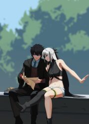 1boy 1girl bare_shoulders black_hair black_robe blue_eyes blue_necktie breasts crop_top cropped_shirt fate/grand_order fate_(series) fujimaru_ritsuka_(male) fujimaru_ritsuka_(male)_(mage&#039;s_association_uniform) hair_between_eyes highres hooded_robe long_hair long_sleeves map midriff multicolored_hair nagao_kagetora_(fate) navel necktie official_alternate_costume open_clothes paperpillar red_sweater robe shirt short_hair shorts sitting sleeveless smile sweater two-tone_hair uesugi_kenshin_(fate) uesugi_kenshin_(second_ascension)_(fate) white_hair white_shorts yellow_eyes