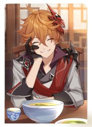 1boy brown_hair closed_eyes collarbone commentary_request food genshin_impact gloves grinding hair_between_eyes highres male_focus mask mask_on_head messy_hair miz_(mi) pot pov short_hair sitting soup tartaglia_(genshin_impact) uniform