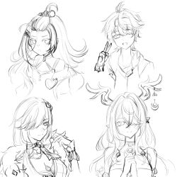 Rule 34 | 1boy, 3girls, aino (genshin impact), antlers, bennett (adventures in blazing hue) (genshin impact), bennett (genshin impact), breasts, choker, cleavage, feather boa, genshin impact, hand up, highres, horns, lauma (genshin impact), long hair, looking at viewer, monochrome, multiple girls, official alternate costume, one eye closed, own hands together, pointy ears, short hair, simple background, sketch, upper body, v, very long hair, white background, yelan (genshin impact), yelan (tranquil banquet) (genshin impact), yuanbaojintianyezaipofang
