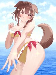 animal_ears bikini blush bow brown_hair dog_ears dog_girl dog_tail highres hololive inugami_korone ocean red_bow shining smile star_(symbol) sugimaru2022 sweater swimsuit tail yellow_sweater
