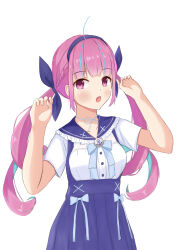 1girl absurdres anchor_symbol blue_choker blue_hairband blush bow breasts choker colored_inner_hair hairband high-waist_skirt highres hololive long_hair looking_to_the_side minato_aqua minato_aqua_(sailor) multicolored_hair nolstgic official_alternate_costume official_alternate_hairstyle pink_hair ribbon_choker sailor_collar school_uniform shirt skirt solo twintails two-tone_hair virtual_youtuber white_background