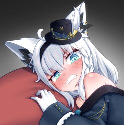 1girl ahoge animal_ear_fluff animal_ears black_hairband blue_jacket blush braid clenched_teeth commentary_request earrings fox_ears fox_girl gloves green_eyes hair_between_eyes hairband hat highres hololive jacket jewelry llxr18 long_hair looking_at_viewer lying mini_hat on_stomach pillow shirakami_fubuki shirakami_fubuki_(aristocrat_kei) sidelocks single_braid solo teeth virtual_youtuber white_gloves white_hair