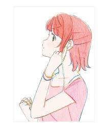 1girl artbook blunt_bangs blush bracelet chromatic_aberration closed_mouth collarbone earbuds earphones from_side hand_up hands_up highres holding jewelry looking_at_viewer love_live! love_live!_nijigasaki_high_school_idol_club neo_sky_neo_map!_(love_live!) non-web_source official_art pink_hair pink_shirt profile shirt short_hair short_sleeves simple_background smile solo uehara_ayumu upper_body white_background yellow_eyes
