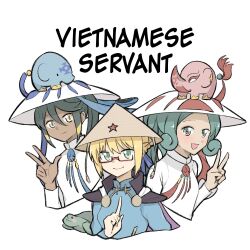 3girls ajirogasa animal animal_on_head ao_dai bespectacled black_hair blonde_hair cape commentary dark-skinned_female dark_skin elephant fate/grand_order fate_(series) glasses green_eyes green_hair hat highres himuro_no_tenchi iri_miyu le_loi_(fate) multicolored_eyes multiple_girls on_head purple_cape red_eyes rice_hat siblings sisters trung_nhi_(fate) trung_trac_(fate) turtle two-tone_eyes v w