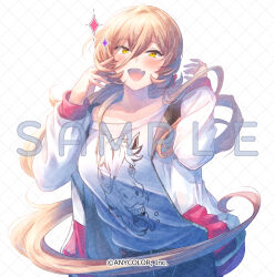 1girl :d black_shorts blush brown_hair collarbone drawstring fang floating_hair hair_between_eyes hands_up hood hood_down hooded_jacket ittokyu jacket long_hair long_sleeves looking_at_viewer nijisanji nui_sociere nui_sociere_(2nd_costume) official_art open_clothes open_jacket open_mouth puffy_long_sleeves puffy_sleeves sample_watermark shirt shorts smile solo sparkle very_long_hair virtual_youtuber watermark white_background white_jacket white_shirt
