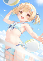 1girl ball beach_volleyball bikini bird blonde_hair blue_sky blush breasts commentary_request front-tie_bikini_top front-tie_top highres jumping long_hair looking_at_viewer navel open_mouth original paid_reward_available playing_sports rebun sailor_collar seagull side-tie_bikini_bottom sky small_breasts smile solo swimsuit twintails volleyball volleyball_net white_sailor_collar yellow_eyes