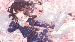 1girl :o animal arm_behind_head backpack bad_link bag belt belt_buckle beret bird blue_hat blue_shirt blue_skirt blue_sky blush branch brown_belt brown_eyes brown_hair buckle day feathered_wings flower hair_between_eyes hanagata hand_up hat highres original outdoors parted_lips petals pink_flower pleated_skirt sailor_collar school_uniform serafuku shirt skirt sky solo white_sailor_collar white_wings wings