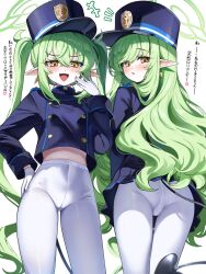 Rule 34 | 2girls, :3, :d, absurdres, ass, blue archive, blue hat, blue jacket, blush, breasts, buttons, chestnut mouth, cropped jacket, demon tail, double-breasted, earrings, gloves, green hair, halo, hat, highres, hikari (blue archive), jacket, jewelry, long hair, long sleeves, looking at viewer, looking back, mesugaki, multiple girls, nozomi (blue archive), open mouth, pantyhose, peaked cap, pointy ears, sak (lemondisk), sidelocks, small breasts, smile, tail, thighs, translation request, very long hair, white gloves, white pantyhose, yellow eyes