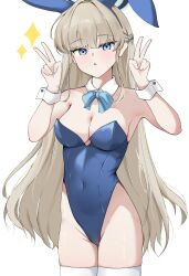 1girl absurdres animal_ears bare_shoulders blonde_hair blue_archive blue_bow blue_eyes blue_hair blue_hairband blue_leotard bow braid breasts cleavage collar commentary covered_navel detached_collar double_v fake_animal_ears groin hair_intakes hairband hands_up highres leotard long_hair looking_at_viewer medium_breasts multicolored_hair parted_lips playboy_bunny rabbit_ears simple_background solo sparkle strapless strapless_leotard streaked_hair thighhighs toki_(blue_archive) toki_(bunny)_(blue_archive) v very_long_hair white_background white_collar white_thighhighs wing_collar wrist_cuffs yume_tsugoi