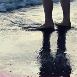 Rule 34 | 1other, backlighting, barefoot, beach, commentary request, feet, highres, o kizo, original, outdoors, realistic, reflection, reflective water, ripples, solo, standing, water, waves