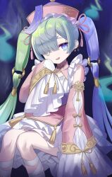 1girl bow chinese_clothes coin_hair_ornament detached_sleeves dress green_eyes green_hair hair_bow hair_ornament hair_over_one_eye hat hat_ornament heterochromia highres jiangshi kiki-yu lace-trimmed_sleeves lace_trim long_sleeves multicolored_dress multicolored_hair ofuda ofuda_on_head original purple_eyes purple_hair qingdai_guanmao sitting sleeves_past_wrists star_(symbol) star_hat_ornament talisman twintails two-tone_hair