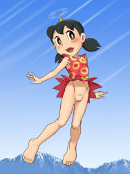 1girl barefoot black_hair blue_sky cleft_of_venus doraemon dress flying loli minamoto_shizuka mountain no_panties open_mouth pussy red_dress rotor sky solo twintails upskirt young-gun