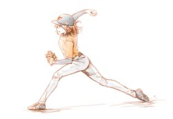 1girl arm_up ball baseball baseball_(object) baseball_cap baseball_glove belt black_belt blue_hat blue_shirt blue_shoes blurry bokeh clenched_teeth depth_of_field from_side full_body hand_up hat highres holding holding_ball ilbsg2004+1 kosaka_honoka layered_sleeves long_sleeves love_live! love_live!_school_idol_project medium_hair mizuno_(brand) nippon_professional_baseball orange_hair orange_shirt pants pitching playing_sports profile serious shirt shoes short_over_long_sleeves short_sleeves simple_background solo teeth touhoku_rakuten_golden_eagles white_background white_pants