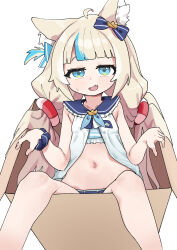 1girl absurdres ahoge animal_ear_fluff animal_ears araimelon bikini bikini_under_clothes blonde_hair blue_eyes blush box cardboard_box cat_ears dress fang highres in_box in_container indie_virtual_youtuber legs long_hair looking_at_viewer lying navel on_back open_clothes open_dress open_mouth sameko_saba shorts sleeveless sleeveless_dress solo stomach striped_bikini striped_clothes swimsuit twintails virtual_youtuber white_dress white_shorts