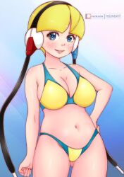 Rule 34 | 1girl, bikini, blonde hair, blue background, blue eyes, blush, breasts, cleavage, collarbone, creatures (company), elesa (pokemon), game freak, gradient background, grin, hand on own hip, headphones, large breasts, looking at viewer, misune art, navel, nintendo, pokemon, pokemon bw, short hair, smile, standing, swimsuit, teeth, yellow bikini