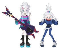 2girls absurdres bandaid bandaid_on_face bandaid_on_nose bass_guitar black_boots blue_bodysuit blue_eyes bodysuit boots bra_strap closed_mouth commentary cosplay costume_switch deux_murasame deux_murasame_(cosplay) dress expressionless freckles full_body gloves grey_hair gundam gundam_gquuuuuux hair_bobbles hair_bun hair_ornament hairclip highres holding holding_bass_guitar holding_instrument instrument knee_boots long_sleeves looking_at_viewer looking_down mecha_pilot_suit multiple_girls nintendo normal_suit_(gundam) open_mouth platform_boots pokemon pokemon_bw2 roxie_(pokemon) roxie_(pokemon)_(cosplay) simple_background single_hair_bun spacesuit standing striped_clothes striped_dress topknot v wge white_background white_boots white_gloves wide_sleeves