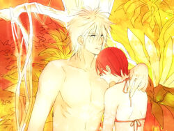 1boy 1girl back bikini eden_no_ori hand_on_another&#039;s_shoulder hetero jungle kurusu_motoko looking_at_viewer monochrome nature orange_theme outdoors parted_lips plant short_hair spiked_hair swimsuit topless_male tree vines wattant yarai_kouichi