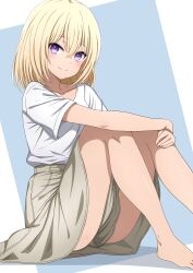 1girl absurdres bang_dream! bang_dream!_it&#039;s_mygo!!!!! barefoot blonde_hair blush brown_skirt closed_mouth commentary hair_between_eyes highres looking_at_viewer medium_hair misumi_uika noshimurin purple_eyes shirt short_sleeves sitting skirt solo white_shirt