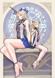 2girls absurdres bare_legs bare_shoulders barefoot black_collar black_dress blonde_hair blue_eyes blue_hair breasts cartethyia_(wuthering_waves) chucky_(chucky1000sun) closed_mouth collar colored_inner_hair commentary_request crown_of_thorns dress dual_persona earrings feet fleurdelys_(wuthering_waves) highres horns jewelry large_breasts legs long_hair long_horns multicolored_hair multiple_girls necklace pointy_ears sandals sidelocks signature single_horn sitting small_breasts tabard tacet_mark_(wuthering_waves) toes very_long_hair white_sandals white_tabard wuthering_waves yellow_horns