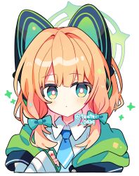 Rule 34 | 1girl, animal ear headphones, animal ears, blonde hair, blue archive, blue necktie, blush, bow, bright pupils, cat ear headphones, closed mouth, collared shirt, commentary, cropped torso, dot nose, fake animal ears, green bow, green eyes, green halo, hair bow, halo, hand up, headphones, highres, long sleeves, looking at viewer, midori (blue archive), necktie, shirocha tei, shirt, short hair, simple background, solo, twitter username, white background, white pupils, white shirt