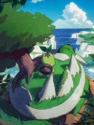 arc_draws cloud commentary_request creatures_(company) day from_behind game_freak gen_4_pokemon highres nintendo no_humans outdoors pokemon pokemon_(creature) riding riding_pokemon sky spikes torterra tree turtwig twitter_username