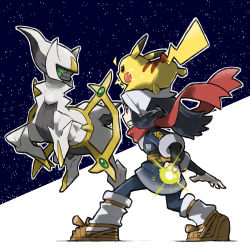 1girl akari_(pokemon) arceus blacknirrow creatures_(company) electricity full_body game_freak gen_1_pokemon gen_4_pokemon headscarf japanese_clothes legendary_pokemon long_hair looking_at_another mythical_pokemon nintendo pikachu pokemon pokemon_(creature) pokemon_legends:_arceus ponytail scarf serious white_headscarf