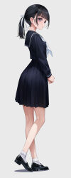 1girl bdsm black_hair black_serafuku bondage bound breasts egg_vibrator from_side grey_eyes highres loafers looking_at_viewer looking_to_the_side murakami_suigun neckerchief original pleated_skirt ponytail ribbon school_uniform serafuku sex_toy shoes skirt small_breasts socks solo standing vibrator white_neckerchief white_ribbon white_socks