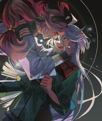 2girls ahoge black_background blue_eyes commentary eye_contact grey_eyes gundam gundam_suisei_no_majo hairband hands_on_another&#039;s_face hashtag-only_commentary highres long_hair looking_at_another miorine_rembran multiple_girls open_mouth ponytail rainbow red_hair school_uniform simple_background smile sparkle suletta_mercury tears teeth tkffuwnj_ing upper_teeth_only white_hair yuri