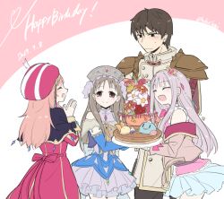 Rule 34 | 1boy, 3girls, :d, ^ ^, armor, atelier (series), atelier lulua, birthday, birthday cake, blue shirt, bouquet, brown hair, cake, closed eyes, coat, commentary request, dated, detached sleeves, elmerulia frixell, embarrassed, flower, food, grey hair, hands up, happy birthday, hat, heart, holding, holding bouquet, holding plate, jacket, karasumi (aiseec), long hair, long sleeves, multiple girls, open mouth, own hands together, pie, pink coat, pink hair, pink hat, pink jacket, plate, pleated skirt, puni (atelier), rorolina frixell, shirt, short hair, shoulder armor, skirt, smile, standing, sterkenburg cranach, totooria helmold