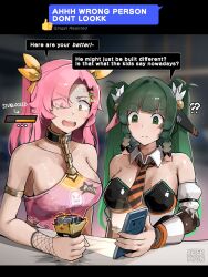 2girls alterkyon alternate_costume android anger_vein bare_shoulders breasts cellphone confused green_eyes green_hair highres holding holding_phone long_hair looking_at_phone mole multiple_girls nicole_demara phone pink_hair qingyi_(zenless_zone_zero) smartphone surprised twintails wide-eyed zenless_zone_zero