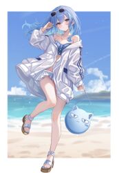 1girl :o bag beach bikini bikini_skirt blue_eyes blue_hair blue_nails blue_sky border cloud day earrings eyewear_on_head floating_hair full_body handbag highres holding holding_bag hololive hoshimachi_suisei jacket jewelry long_hair nail_polish necklace outdoors parted_lips sa-ya2 sandals sky solo standing standing_on_one_leg sunglasses swimsuit takoyaki_(hoshimachi_suisei) toenail_polish toenails virtual_youtuber white_border white_jacket