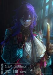 1boy ahoge aiguillette ascot au_(d_elete) ayase_mayoi belt belt_buckle black_ribbon blue_eyes blue_jacket braid brown_gloves buckle candle candlestand copyright_name copyright_notice countdown dark_background dated double-parted_bangs ensemble_stars! floral_print furrowed_brow gem gloves gold_trim green_gemstone grey_belt grin hair_between_eyes hair_over_shoulder hair_ribbon half-closed_eyes hand_up high-waist_pants holding_candlestand indoors jacket jewelry long_hair long_sleeves looking_at_viewer male_focus mole mole_under_mouth moonlight multicolored_jacket necklace night official_alternate_costume official_art open_clothes open_jacket open_mouth pale_skin pants pendant print_jacket puffy_long_sleeves puffy_sleeves purple_hair red_jacket ribbon sharp_teeth shirt shirt_tucked_in sidelighting sidelocks smile solo teeth turning_head two-tone_jacket upper_body white_ascot white_shirt wide_belt window