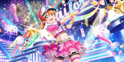 1girl :d aerial_fireworks badge ball balloon baseball_(object) baseball_bat baseball_cap belt belt_buckle bike_shorts_under_skirt black_undershirt blush bow buckle button_badge confetti cowboy_shot crop_top cropped_shirt dutch_angle fireworks garland_(decoration) hair_ornament hairpin hat highres holding holding_baseball_bat hoshizora_rin layered_skirt love_live! love_live!_school_idol_festival_all_stars love_live!_school_idol_project low_twintails midriff miniskirt multiple_hairpins navel night night_sky official_alternate_hairstyle official_art open_mouth orange_hair outdoors petticoat pink_bow pink_hat pink_shirt pink_skirt purple_bow shirt short_hair short_sleeves short_twintails skirt sky smile smiley_face solo stage stage_lights star_(sky) star_(symbol) starry_sky strap striped_belt striped_wristband swinging_baseball_bat teeth thigh_strap too_many_balloons twintails two-tone_wristband upper_teeth_only white_belt wristband yellow_eyes