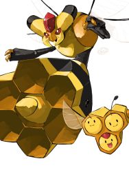 :d antennae bug claws combee evolutionary_line full_body gen_4_pokemon insect_wings nintendo no_humans open_mouth pokemon pokemon_(creature) signature simple_background smile vespiquen white_background wings yunimaru