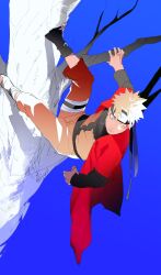 1boy blonde_hair blue_background closed_mouth coat forehead_protector full_body highres jacket long_sleeves male_focus naruto_(series) naruto_shippuuden ninja orange_eyes orange_jacket orange_pants pants red_coat sandals short_hair simple_background solo spiked_hair symbol-shaped_pupils tree uzumaki_naruto zifletts