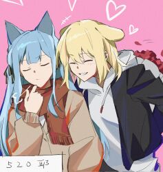 Rule 34 | +++, 2girls, adjusting scarf, animal ears, arm at side, arms behind back, ban45601, bang dream!, bang dream! it&#039;s mygo!!!!!, black jacket, black ribbon, blonde hair, blue hair, bouquet, brown jacket, cat ears, cat girl, center-flap bangs, closed eyes, closed mouth, corrupted twitter file, dog ears, dog girl, drawstring, facing another, facing viewer, falling petals, flower, grin, hair between eyes, hair ribbon, hand up, heart, highres, holding, holding bouquet, hood, hood down, hoodie, jacket, kemonomimi mode, long hair, long sleeves, medium hair, misumi uika, multiple girls, open clothes, open jacket, orange scarf, petals, pink background, puff of air, red flower, ribbon, scarf, side-by-side, simple background, smile, striped ribbon, togawa sakiko, upper body, white hoodie, yuri