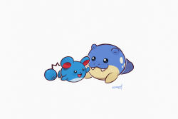 blue_skin colored_skin fangs gen_2_pokemon gen_3_pokemon highres marill multicolored_skin nintendo no_humans pokemon pokemon_(creature) signature simple_background spheal squeegool two-tone_skin white_background white_skin