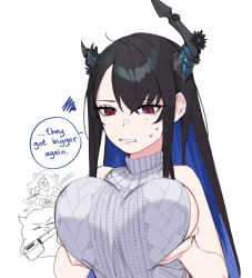 2girls annoyed asymmetrical_horns bare_arms bare_shoulders black_hair blood blue_hair breast_conscious breast_lift breasts cable_knit colored_inner_hair commentary dasdokter dress english_commentary english_text grey_sweater hair_between_eyes highres hololive hololive_english horns jailbird_(nerissa_ravencroft) large_breasts long_hair meme_attire mole mole_under_eye multicolored_hair multiple_girls nerissa_ravencroft nosebleed raora_panthera red_eyes simple_background sleeveless sleeveless_turtleneck slit_pupils solo_focus squiggle sweatdrop sweater sweater_dress turtleneck turtleneck_sweater two-tone_hair upper_body virgin_killer_sweater virtual_youtuber white_background